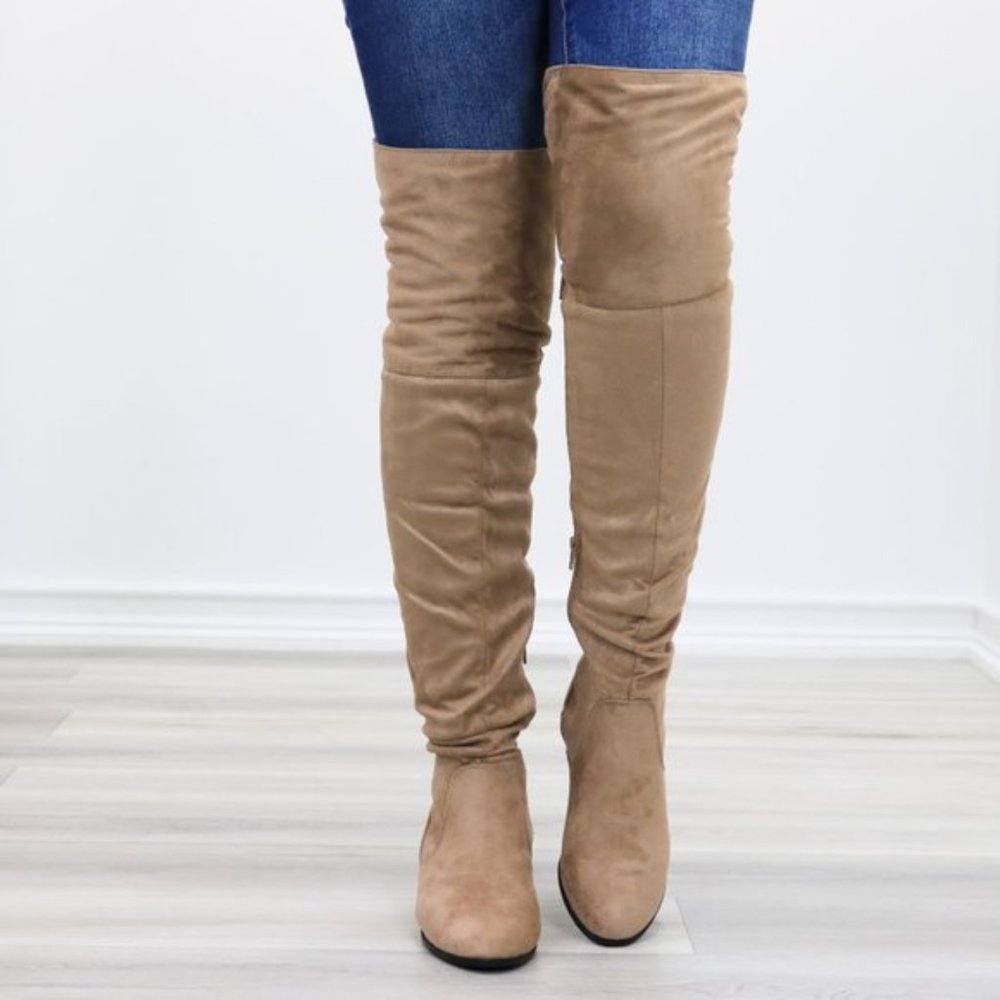 Tan Suede Thigh High Flat Boot With Lace Up Back - Picture 4 of 14